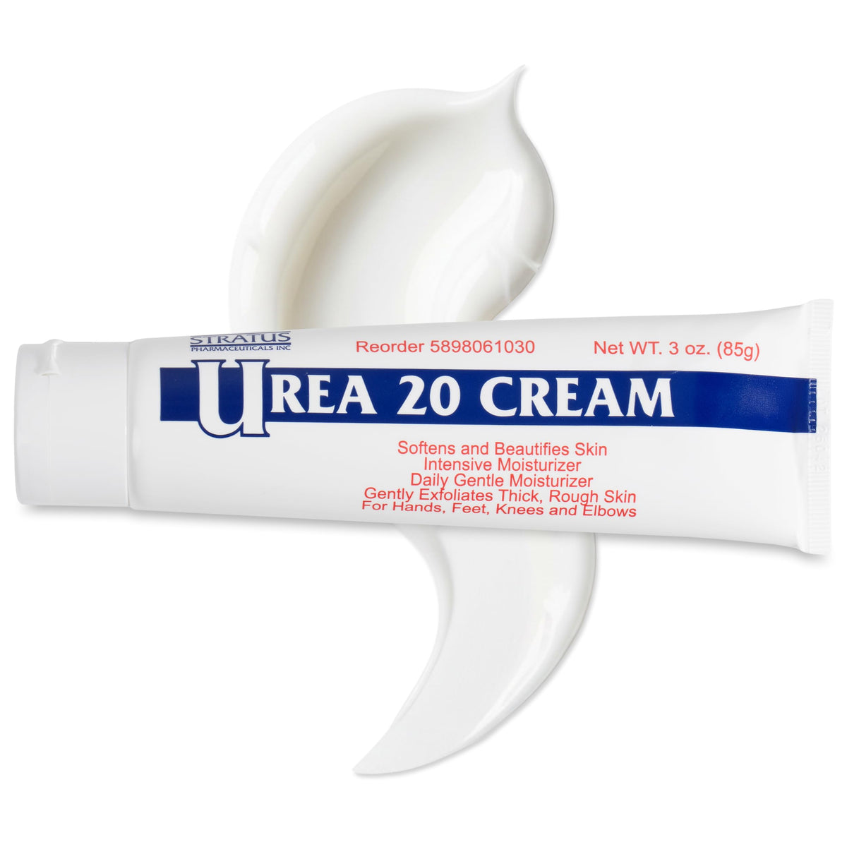 STRATUS PHARMACEUTICALS Urea 20% Cream tube close-up highlighting deep hydration for very dry skin.