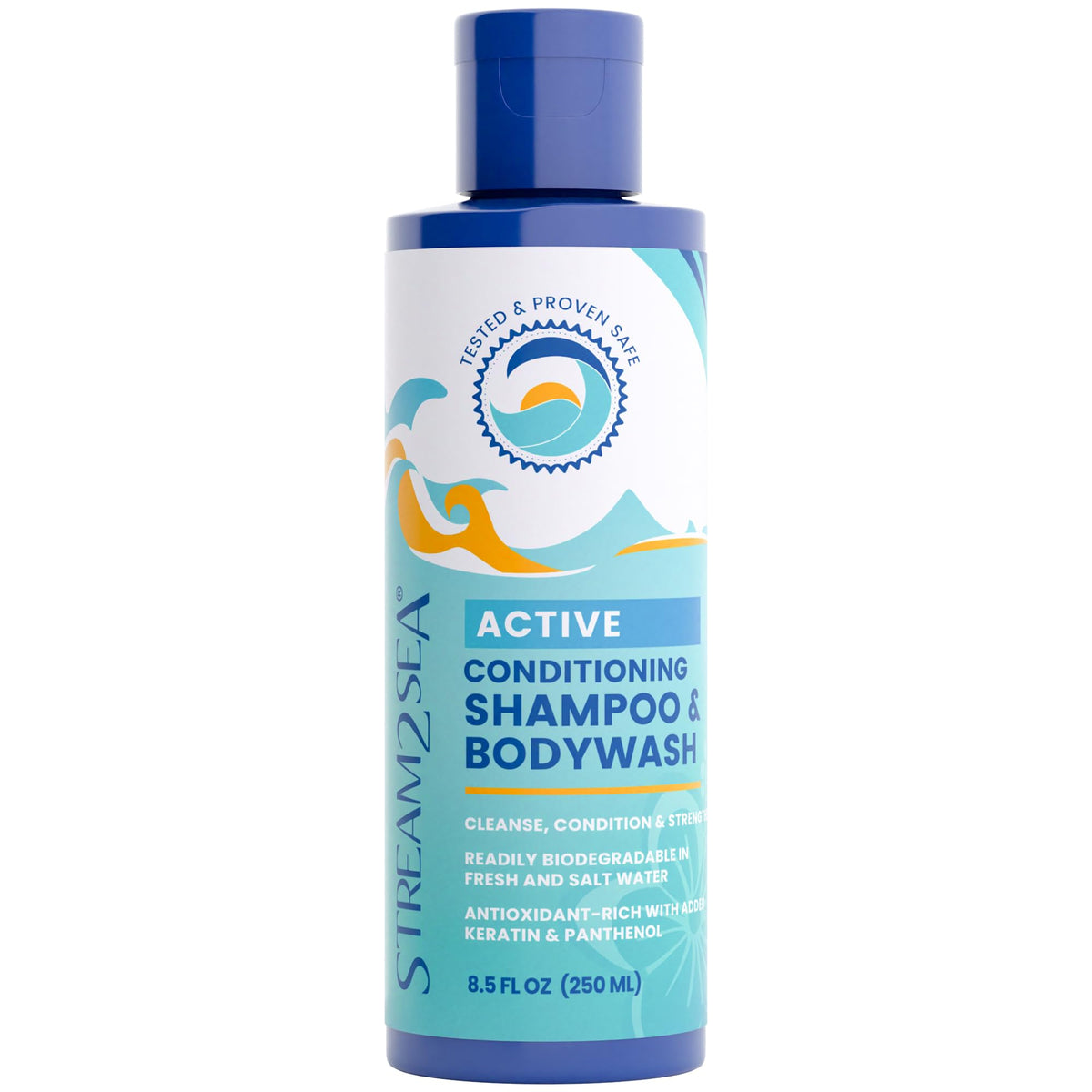 STREAM 2 SEA bottle pour showing reef-safe 3-in-1 formula for swimmers