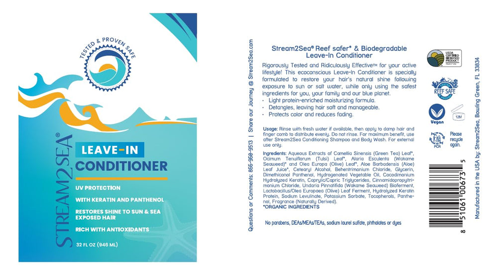 STREAM 2 SEA leave-in conditioner label closeup highlighting natural ingredients and UV protection