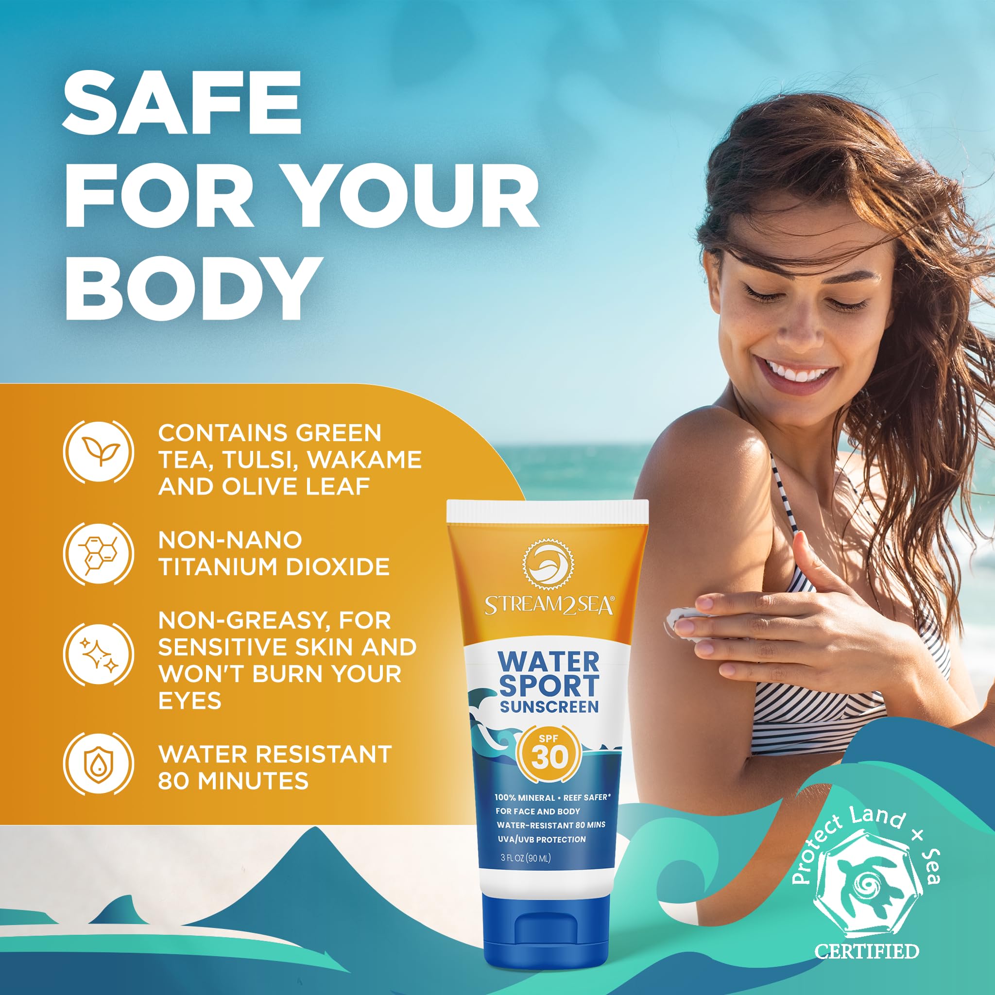 STREAM 2 SEA sunscreen tube on a sandy surface with protective coverage.