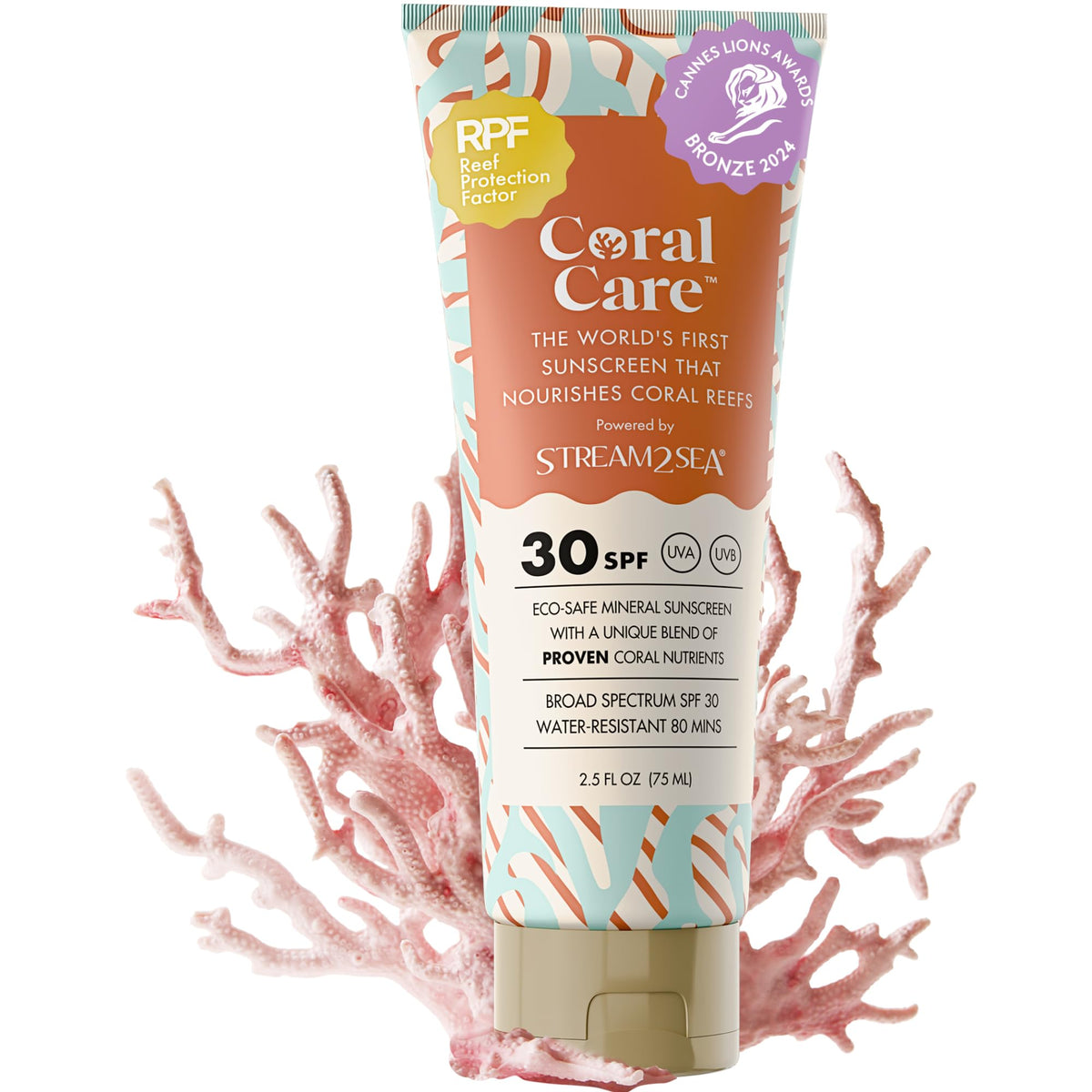Stream2Sea Coral Care bottle pouring, reef-safe sunscreen for skin protection and reef health