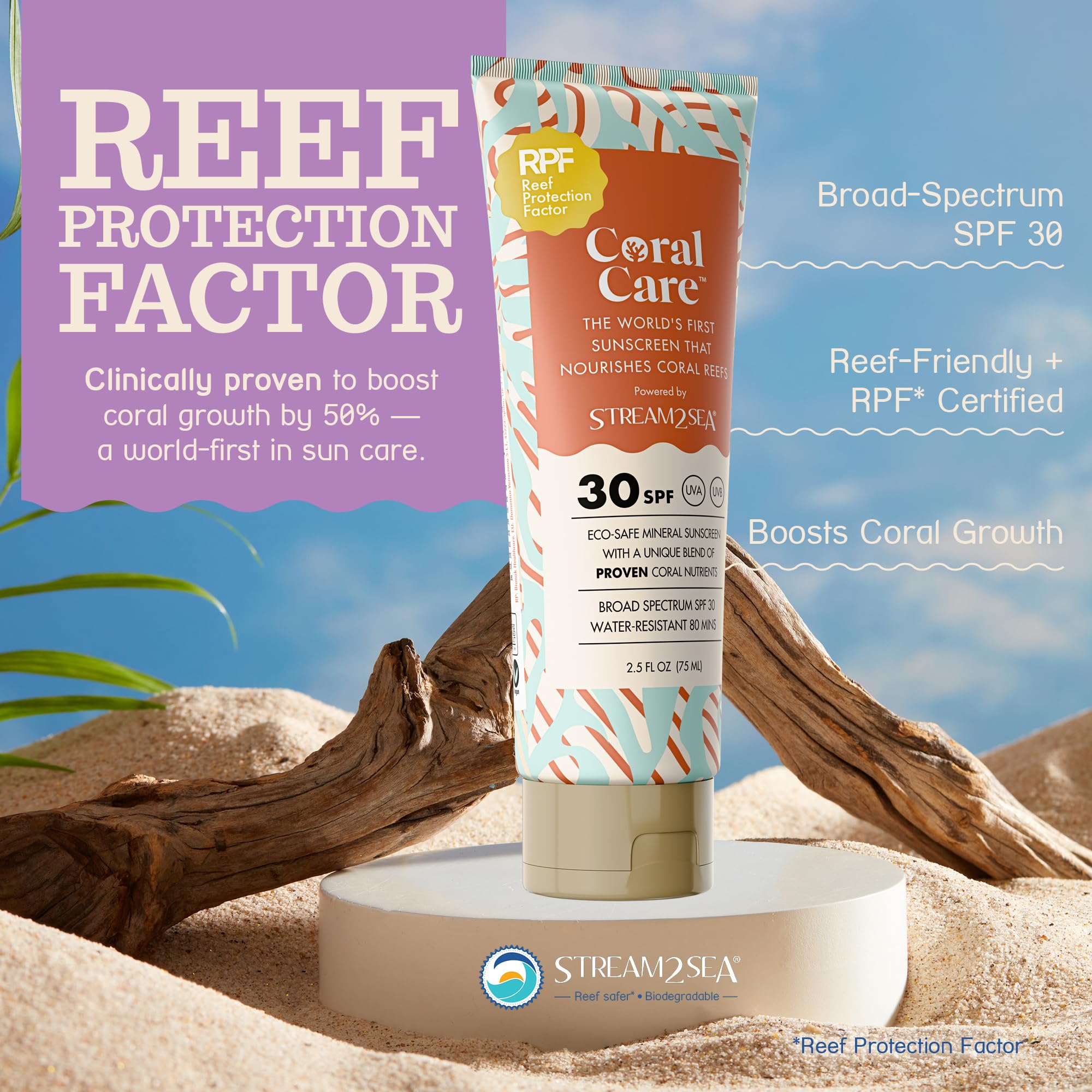 Stream2Sea Coral Care sunscreen provides broad spectrum protection with water resistance