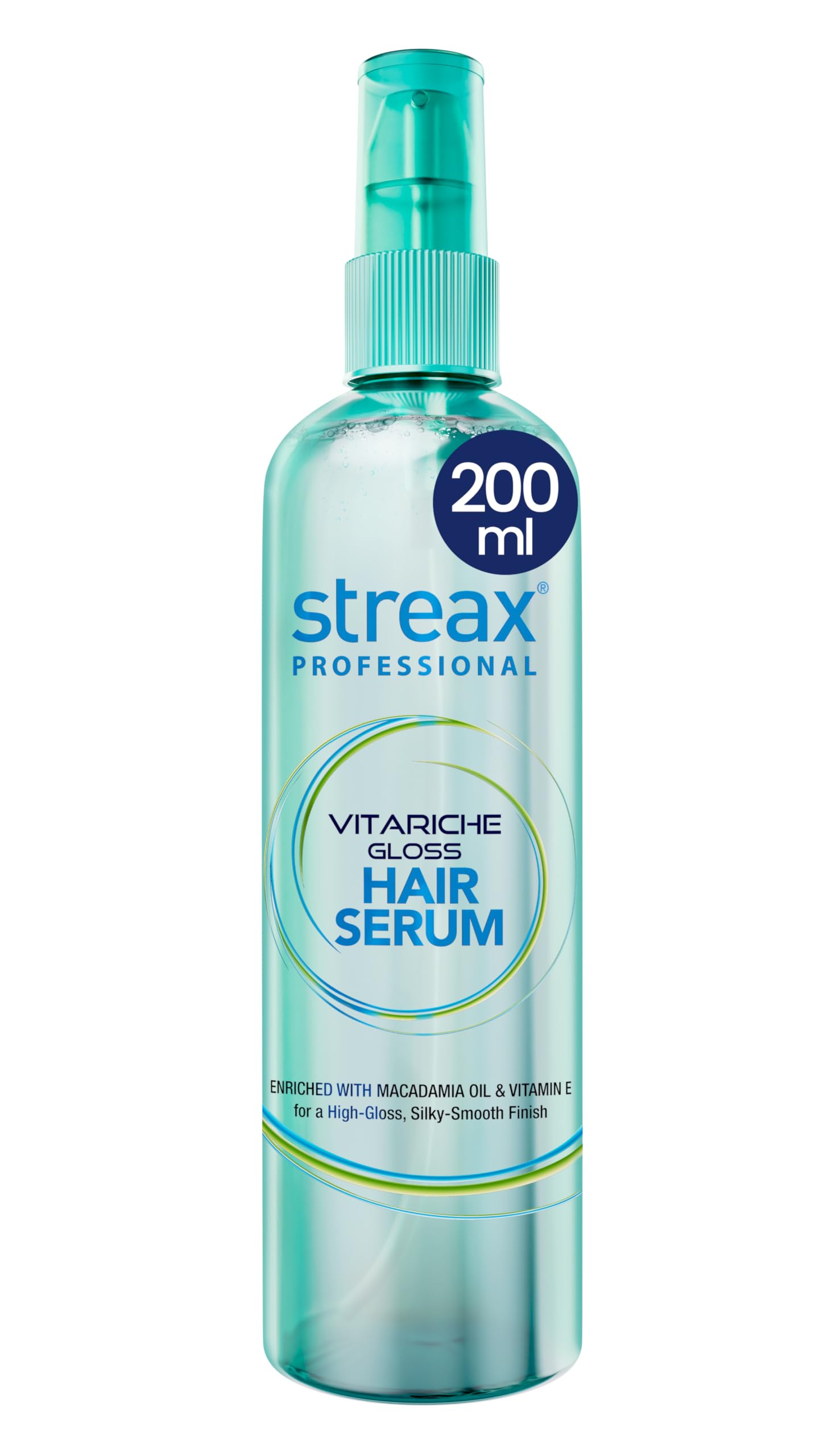 Streax Professional Vitariche Gloss Hair Serum bottle with pump for mess-free application and shine.