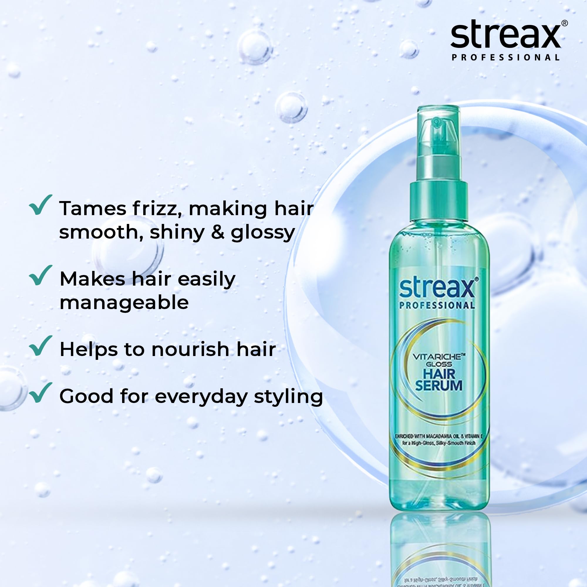 Streax Professional Vitariche Gloss Hair Serum after use showing sleek, glossy finish.