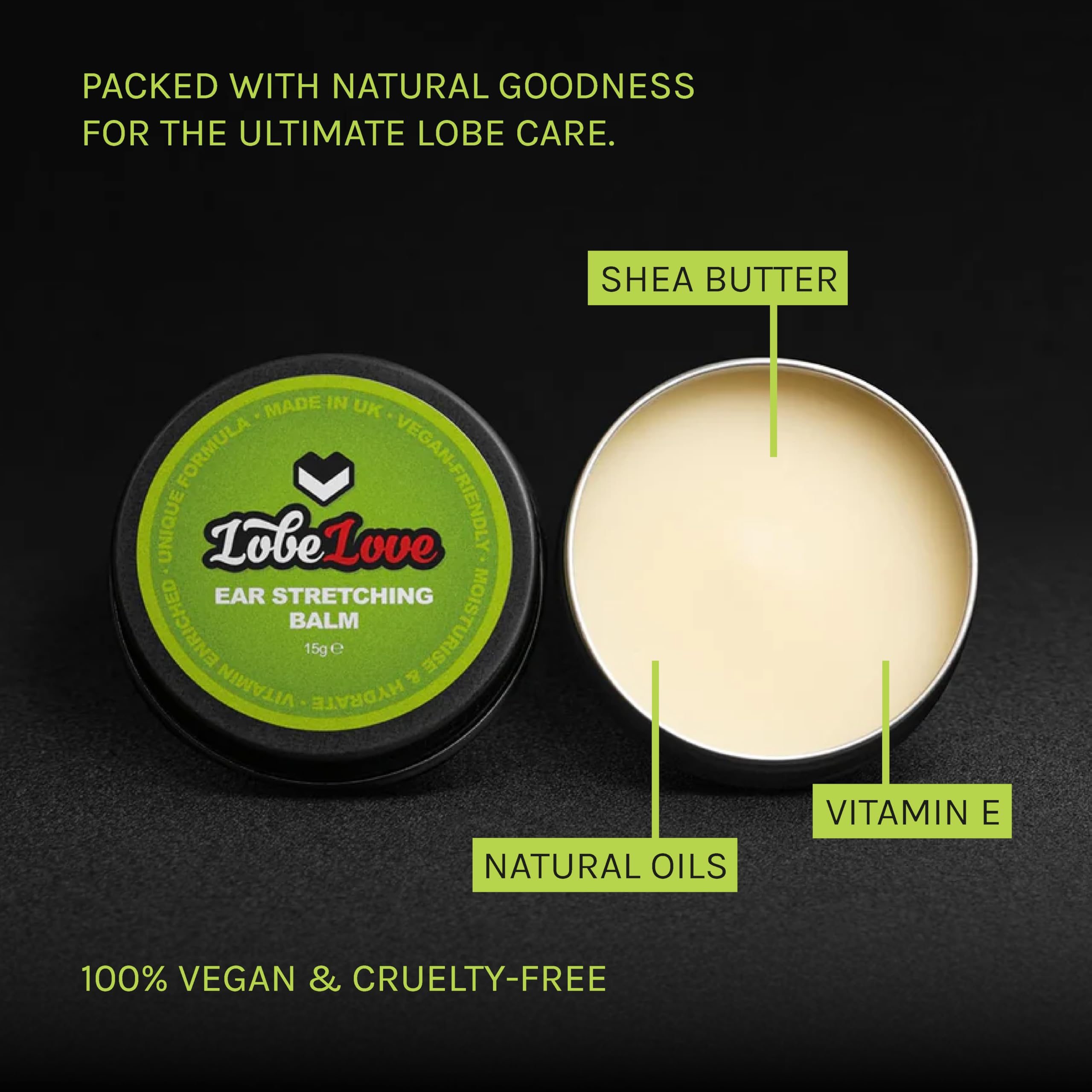 Stretch It balm applied to earlobe for smooth stretching.