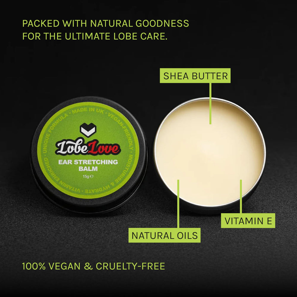 Stretch It balm applied to earlobe for smooth stretching.