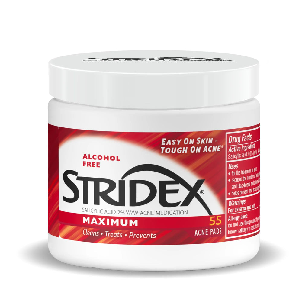 Stridex Maximum pads packaging for convenient bathroom storage and routine use.