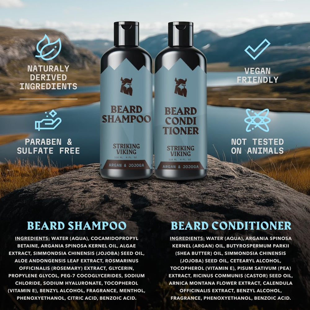 Striking Viking Argan oil bottle emphasizing nourishing beard care.