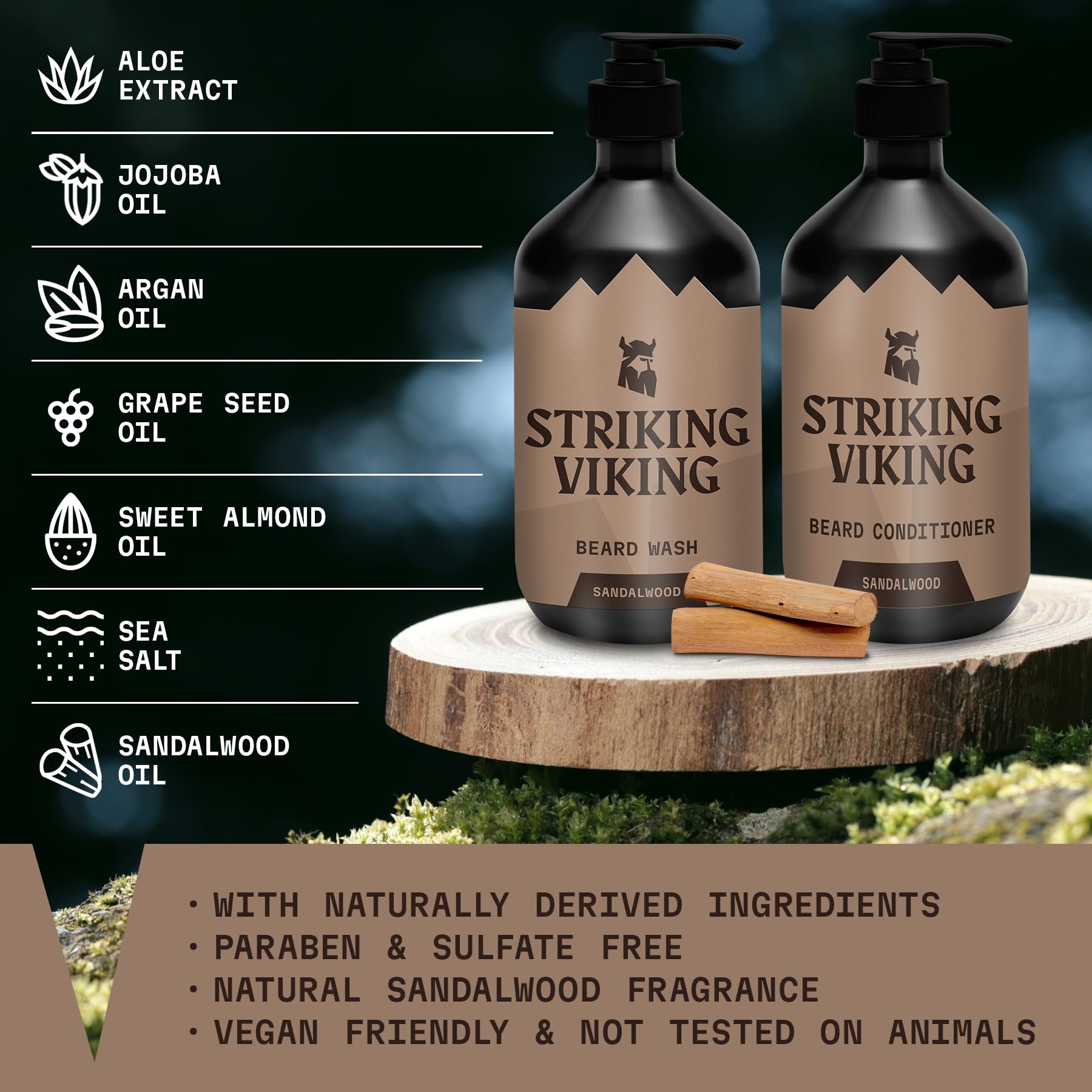 Striking Viking Beard Conditioner sandalwood bottle for soft, manageable hair.
