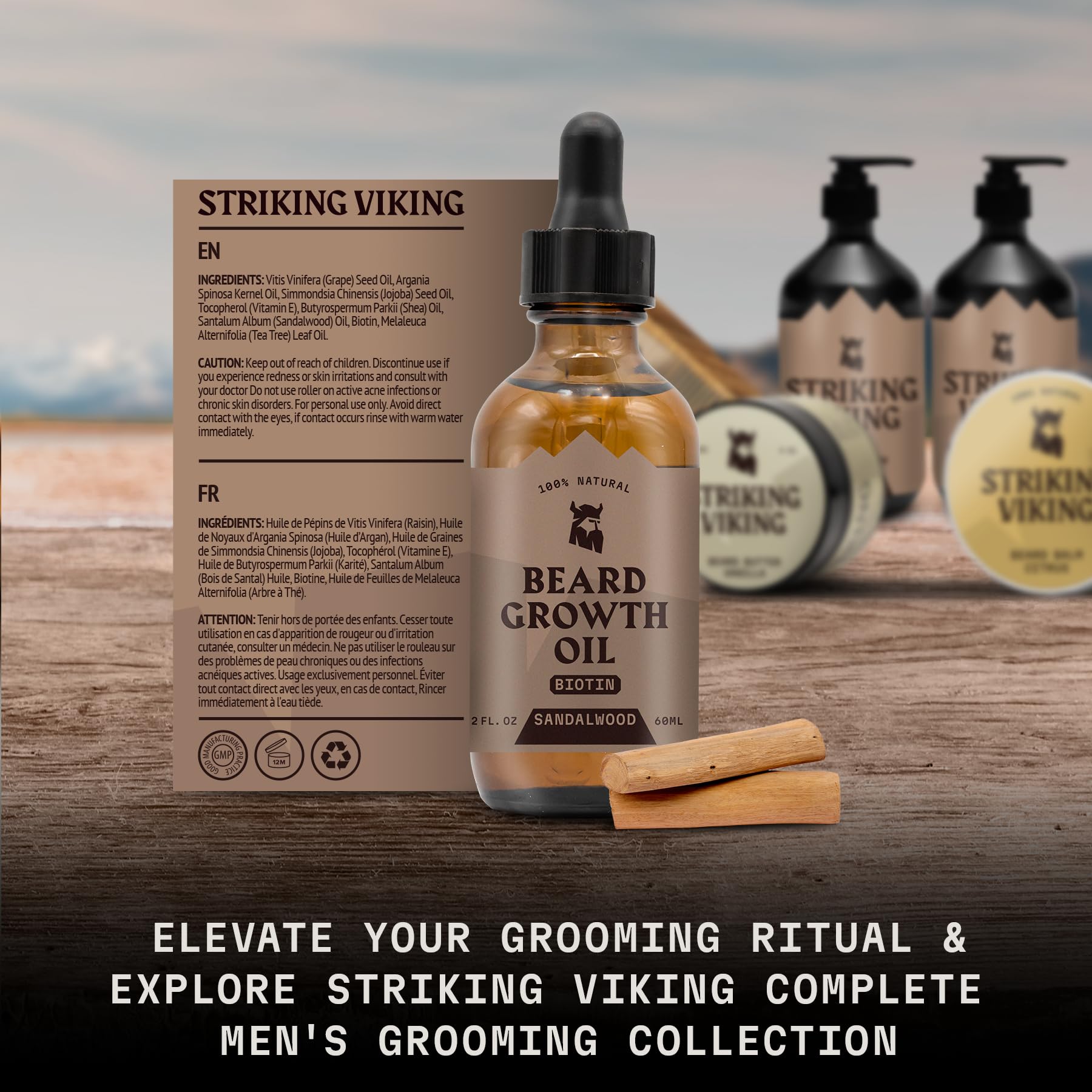 Striking Viking beard growth ingredients bottles highlight biotin and argan hydration.