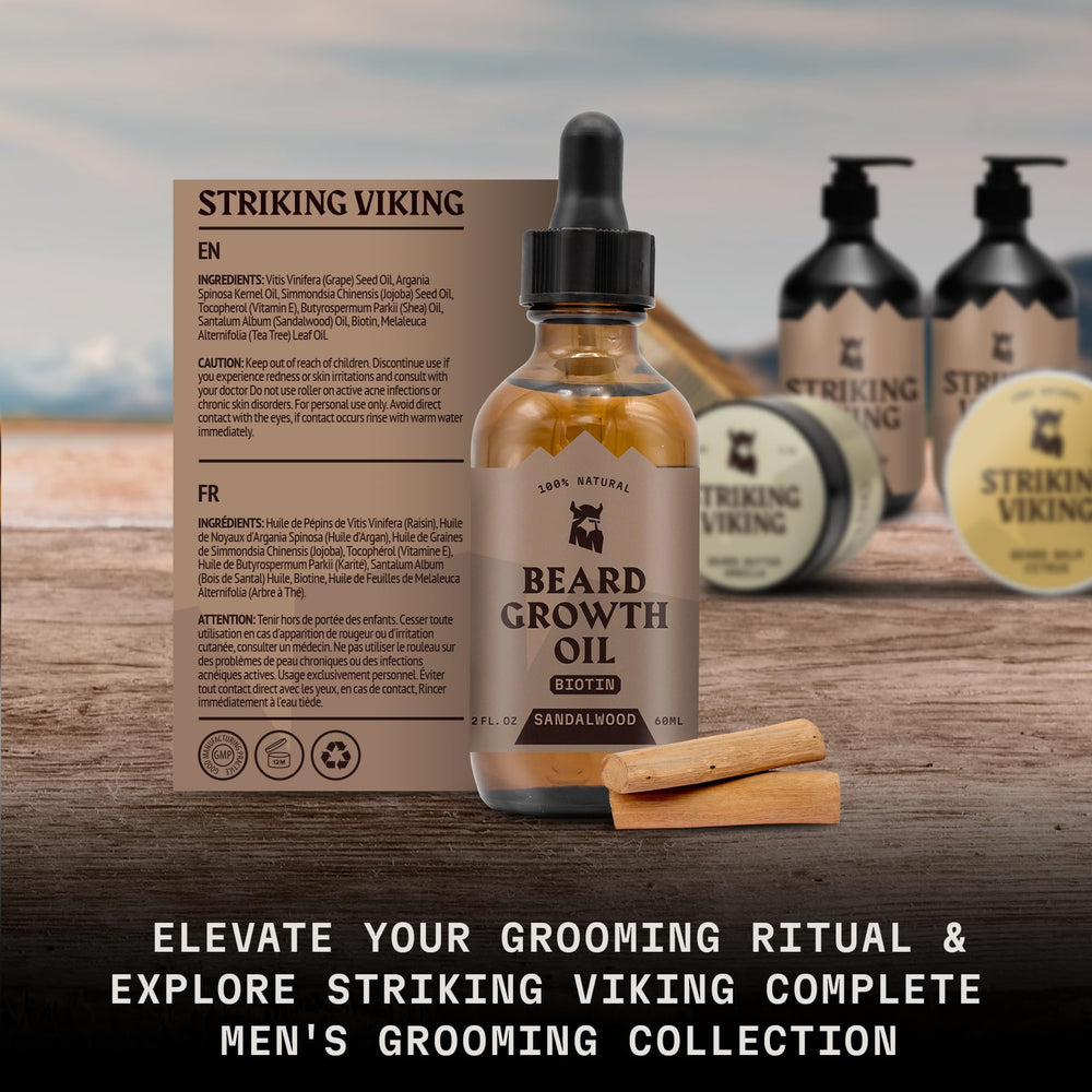 Striking Viking beard growth ingredients bottles highlight biotin and argan hydration.