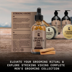 Striking Viking beard growth ingredients bottles highlight biotin and argan hydration.