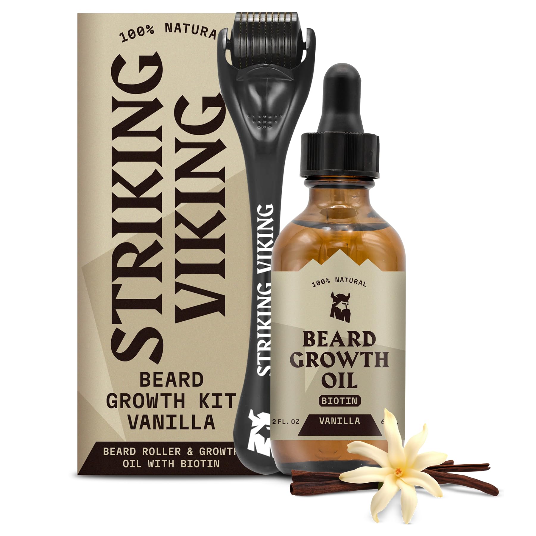 Striking Viking Beard Growth Oil bottle promotes hydration for a fuller look.