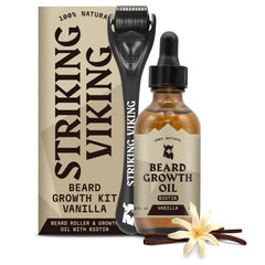Striking Viking Beard Growth Oil bottle promotes hydration for a fuller look.