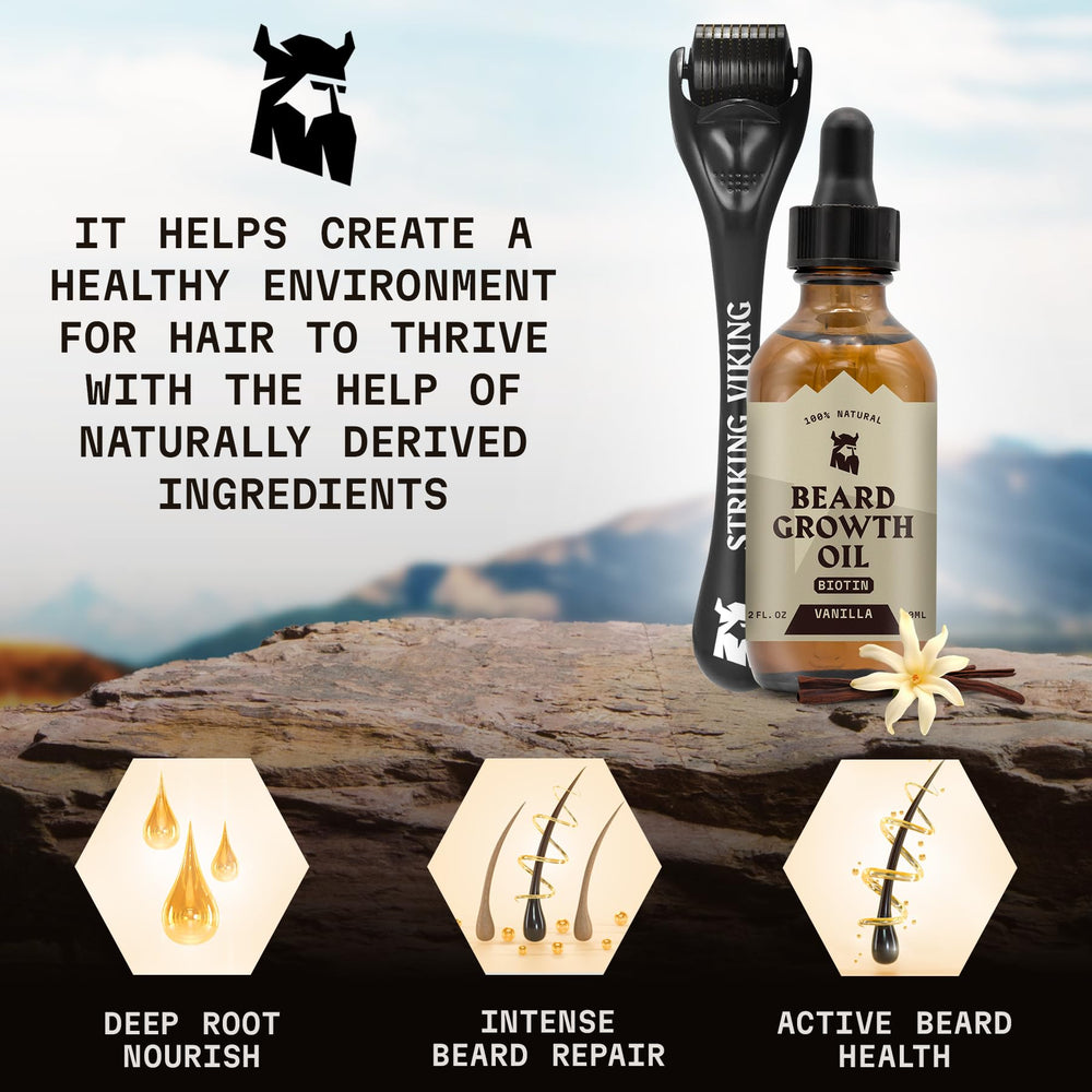 Striking Viking jojoba oil drops provide deep hydration for soft facial hair.