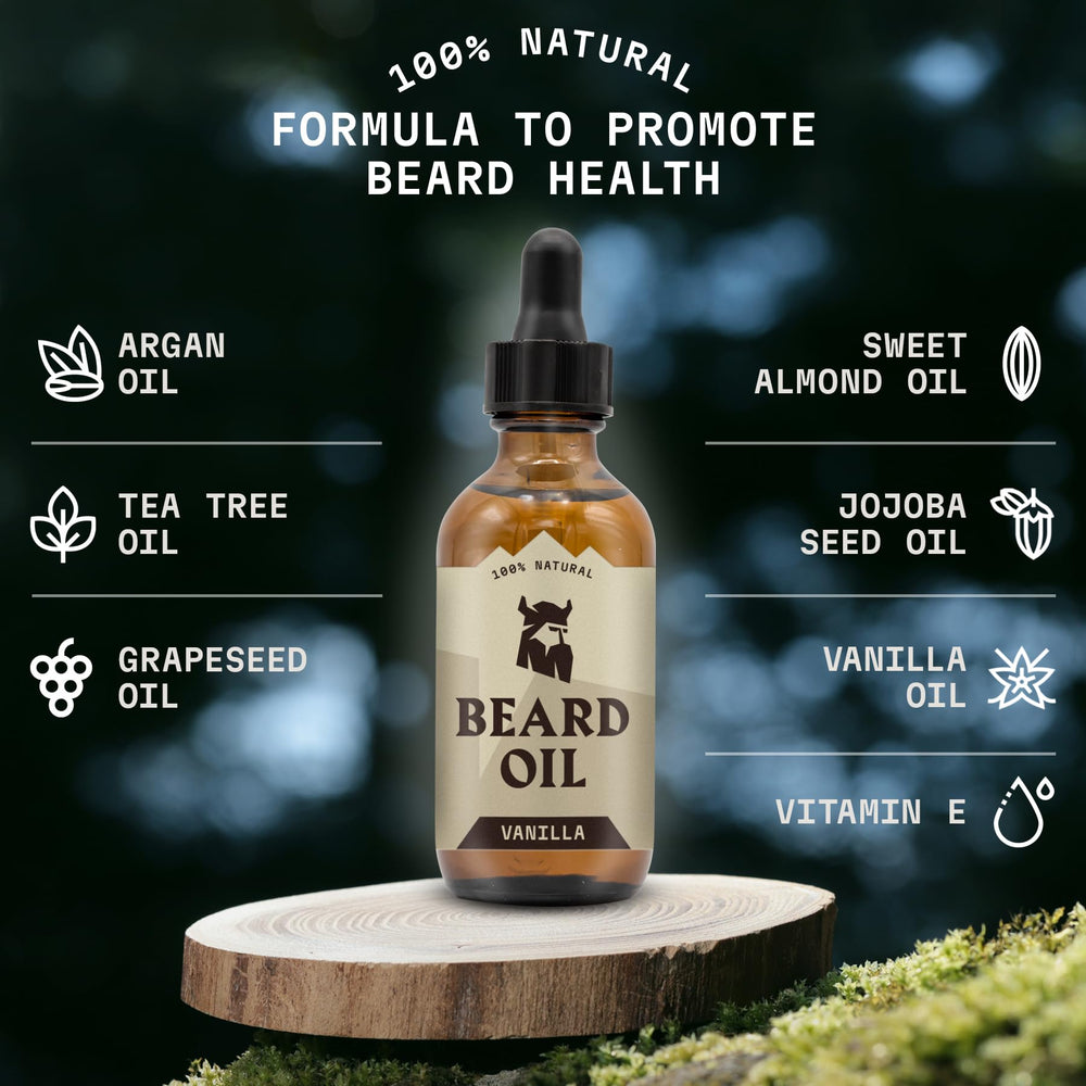 Striking Viking Vanilla Beard Oil label close-up showing natural oils blend