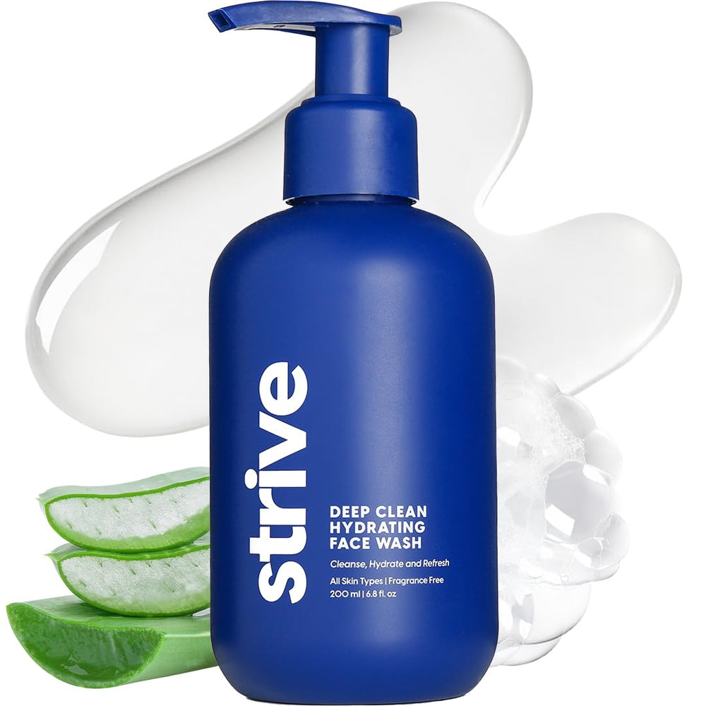 Strive Hydrating Men’s Face Wash bottle front with fragrance-free formula for sensitive skin.