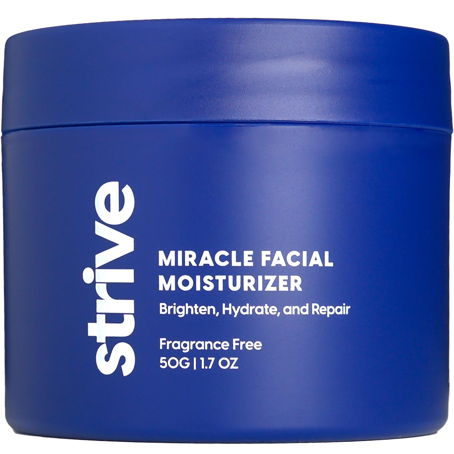 Strive mens face moisturizer bottle closeup demonstrating hydrating formula for daily use