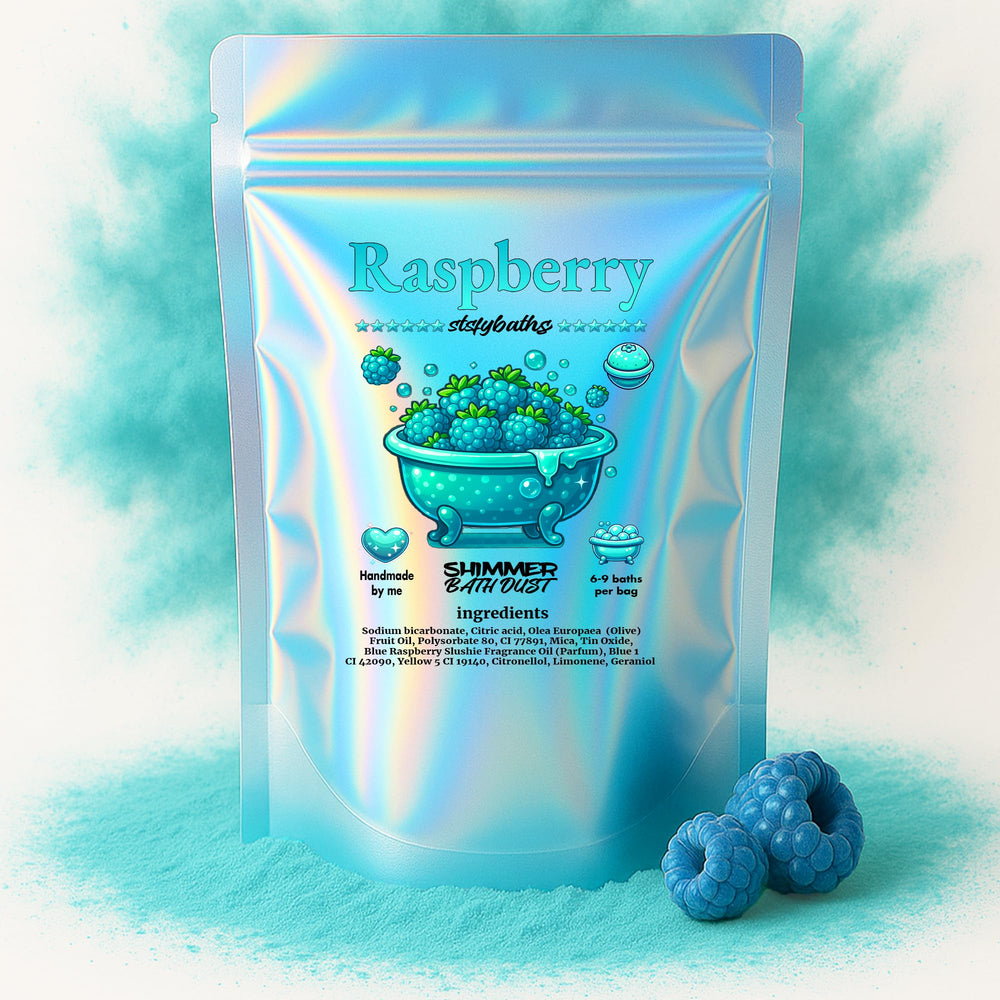 Stsfybaths Raspberry Shimmer Bath Bomb in bag for a luxurious, scented bath experience