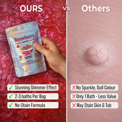 Stsfybaths strawberry scented bath bomb releases a sweet aroma in tub.
