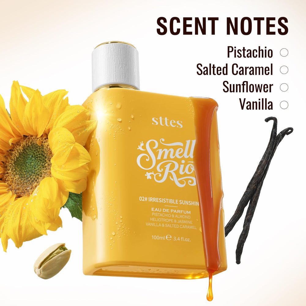 Sttes Perfume 02 Irresistible Sunshine base notes: vanilla, salted caramel, sandalwood.