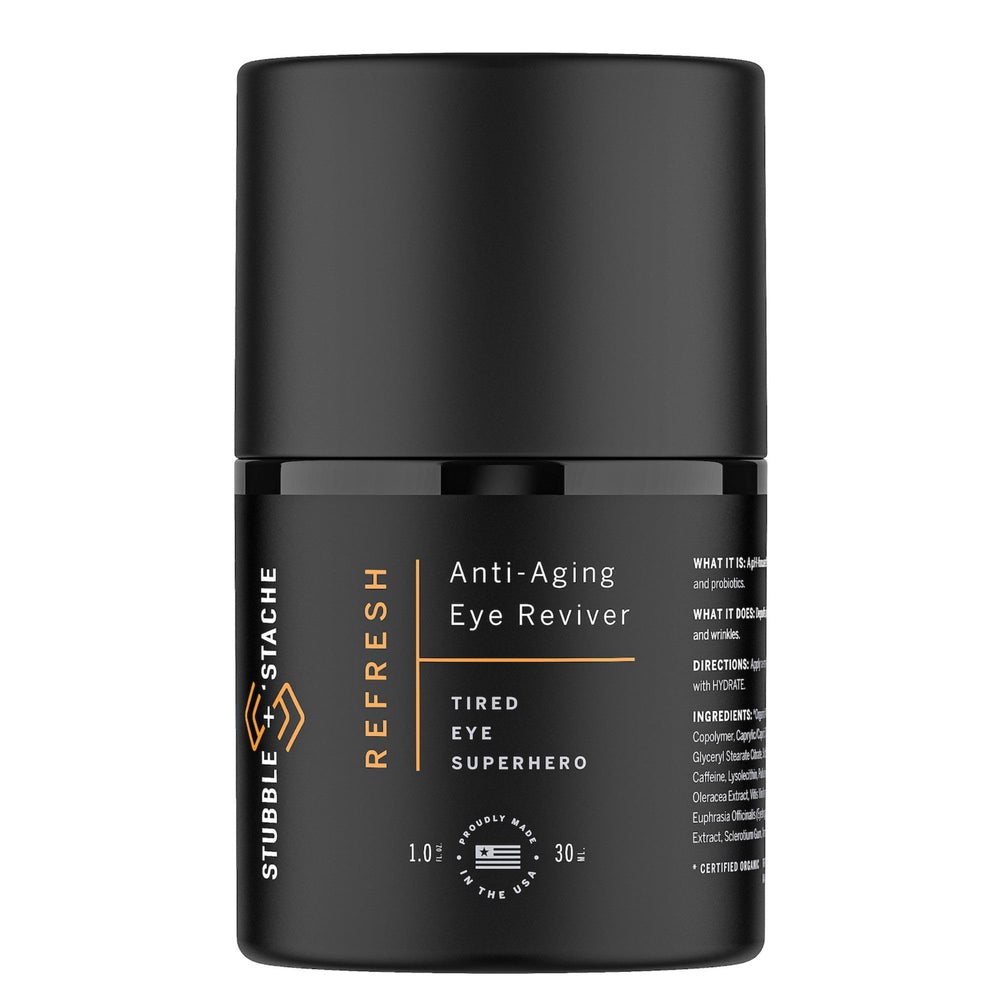 Stubble & Stache Refresh under-eye cream bottle pump for fast morning absorption