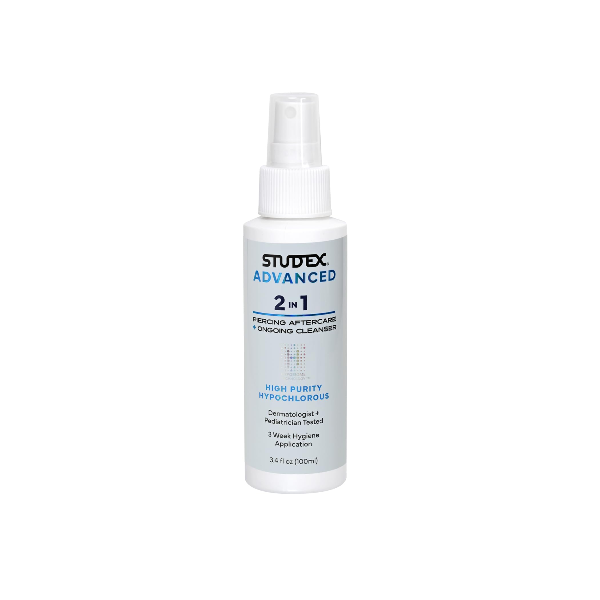 Studex Advanced 2-in-1 bottle front showing gentle piercing aftercare spray for skin