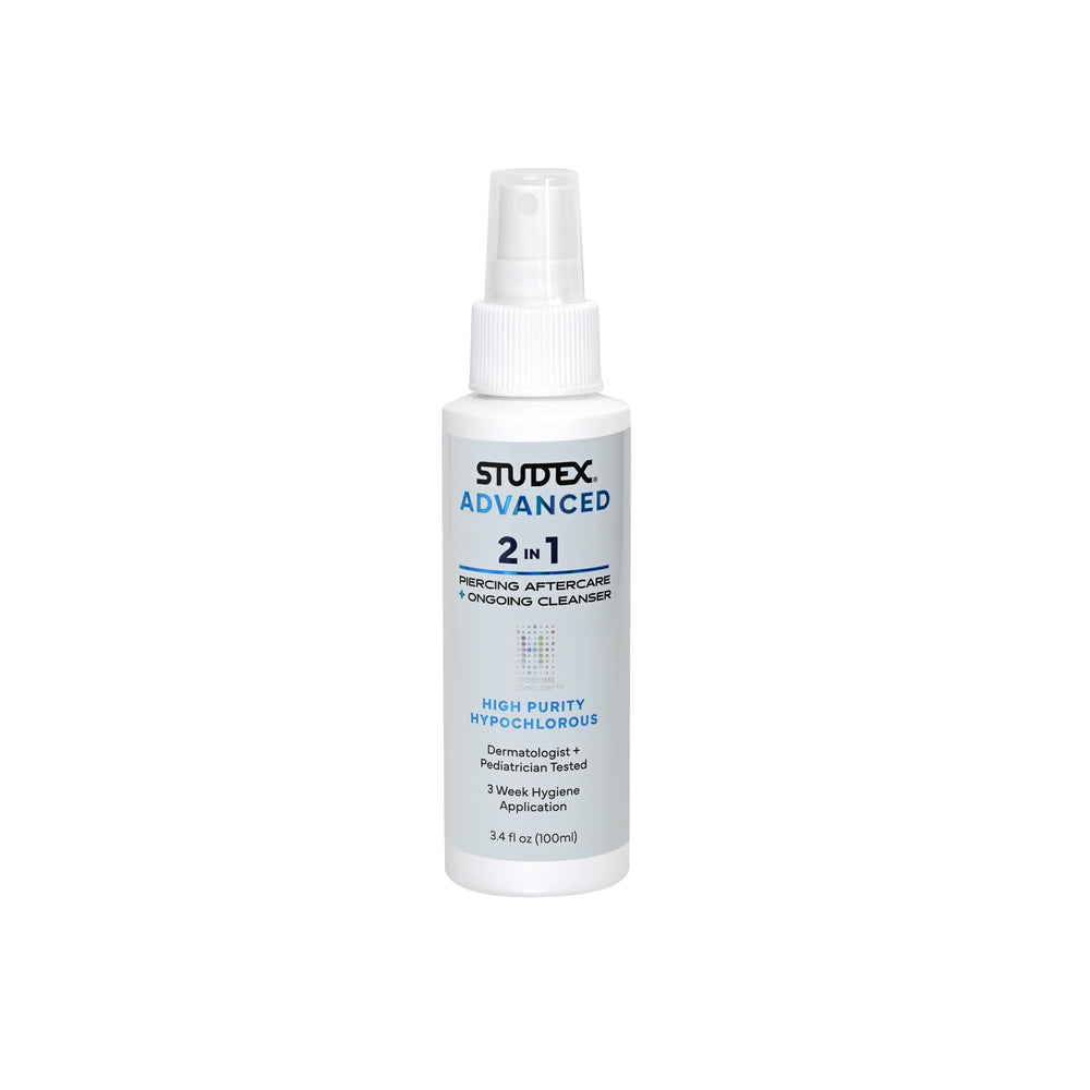 Studex Advanced 2-in-1 bottle front showing gentle piercing aftercare spray for skin