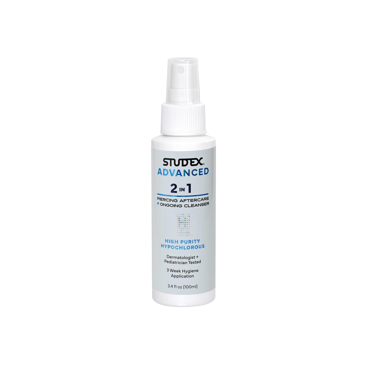 Studex Advanced 2-in-1 bottle front showing gentle piercing aftercare spray for skin