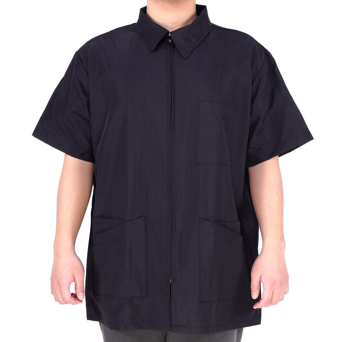 STUDIO LIMITED barber jacket with front zipper for quick on/off.