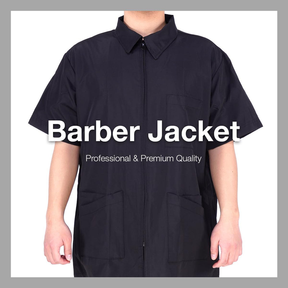 STUDIO LIMITED barber jacket uses water-resistant fabric to repel hair.
