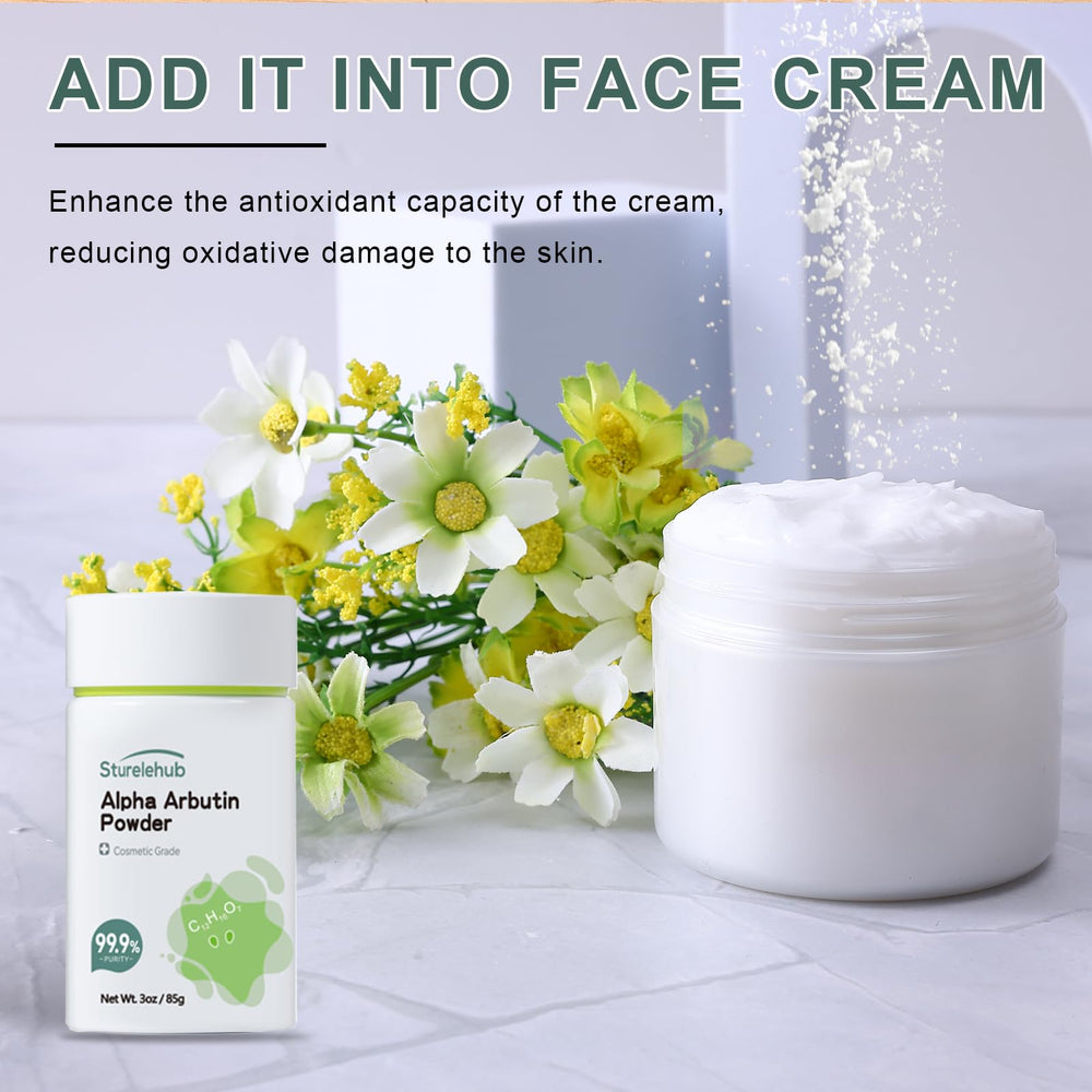 Alpha Arbutin Powder used in masks and creams for DIY skincare benefits.
