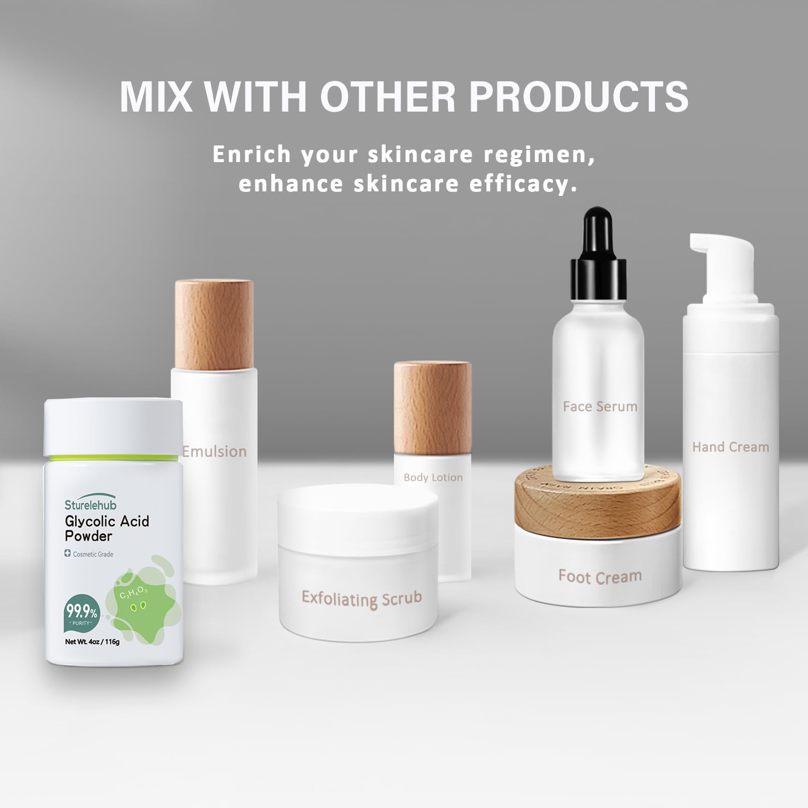 Sturelehub cosmetic-grade glycolic powder packaging on display