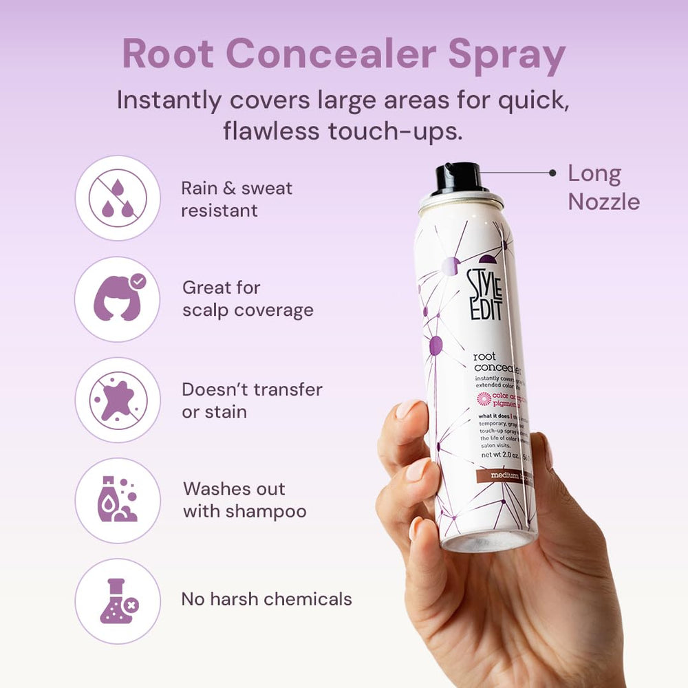 Style Edit root concealer spray application on hair shows fast, seamless blending.