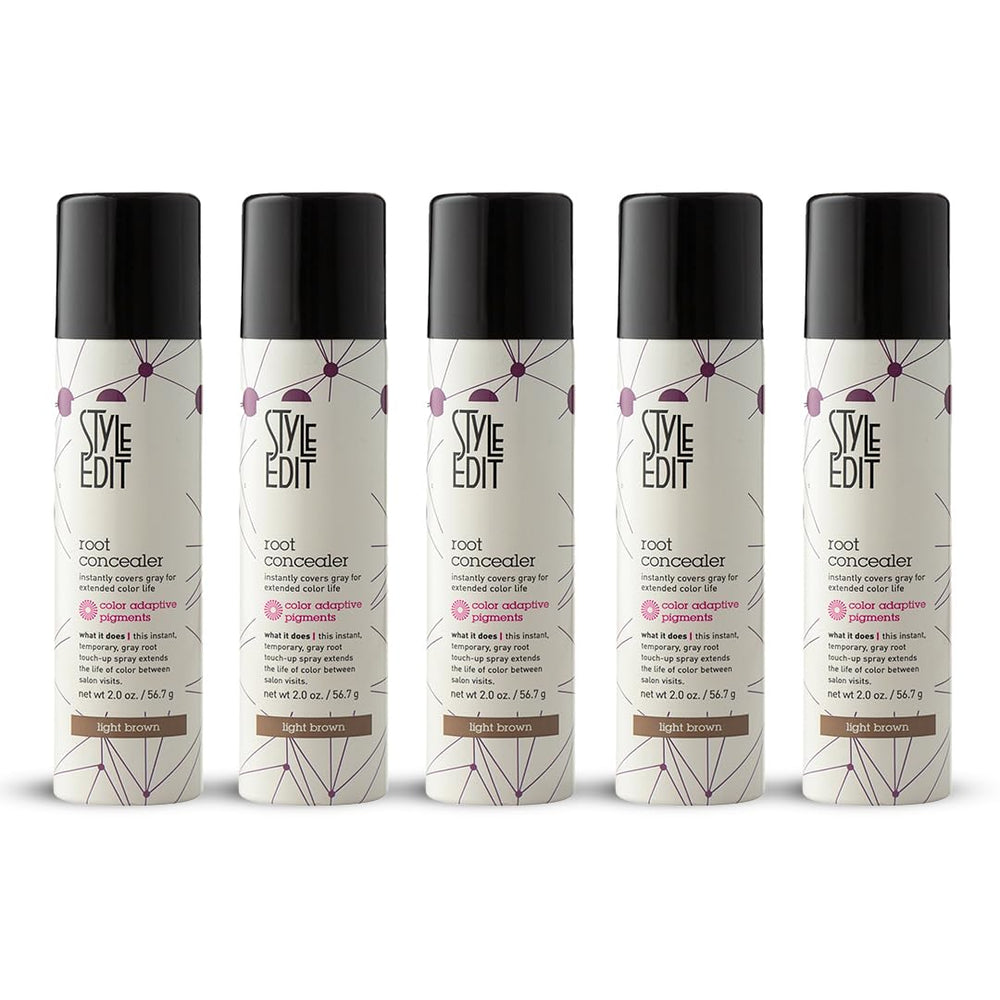 Style Edit root concealer spray light brown bottle for quick gray coverage at home.