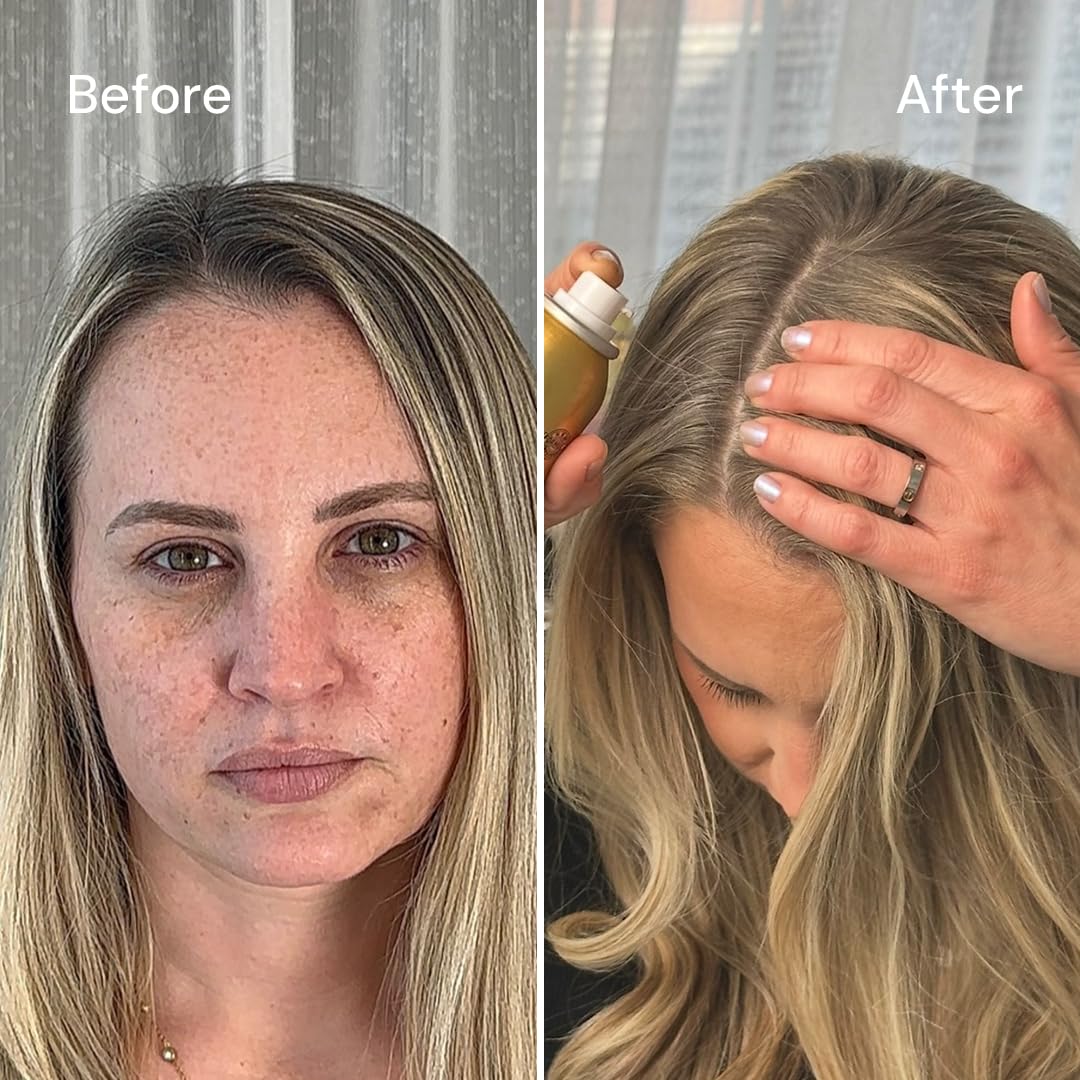 Style Edit Root Touch Up Powder on dark roots demonstrates quick concealment.