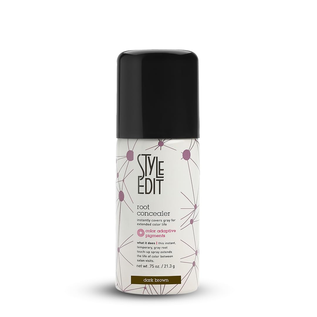 Style Edit Root Touch Up Spray in dark brown conceals gray roots for a natural look.
