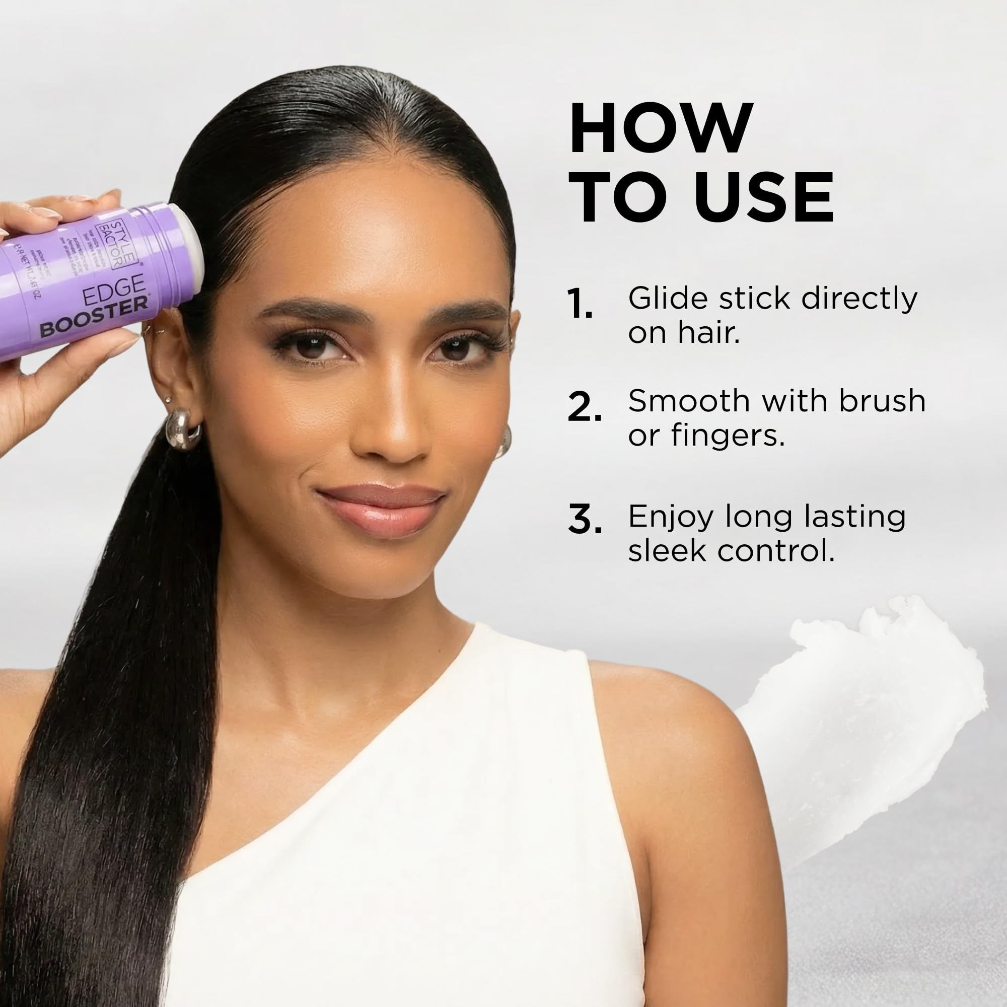 Style Factor Edge Booster application on hair demonstrates fast, mess-free styling and flyaway control