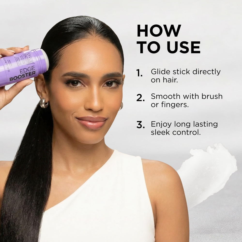 Style Factor Edge Booster application on hair demonstrates fast, mess-free styling and flyaway control