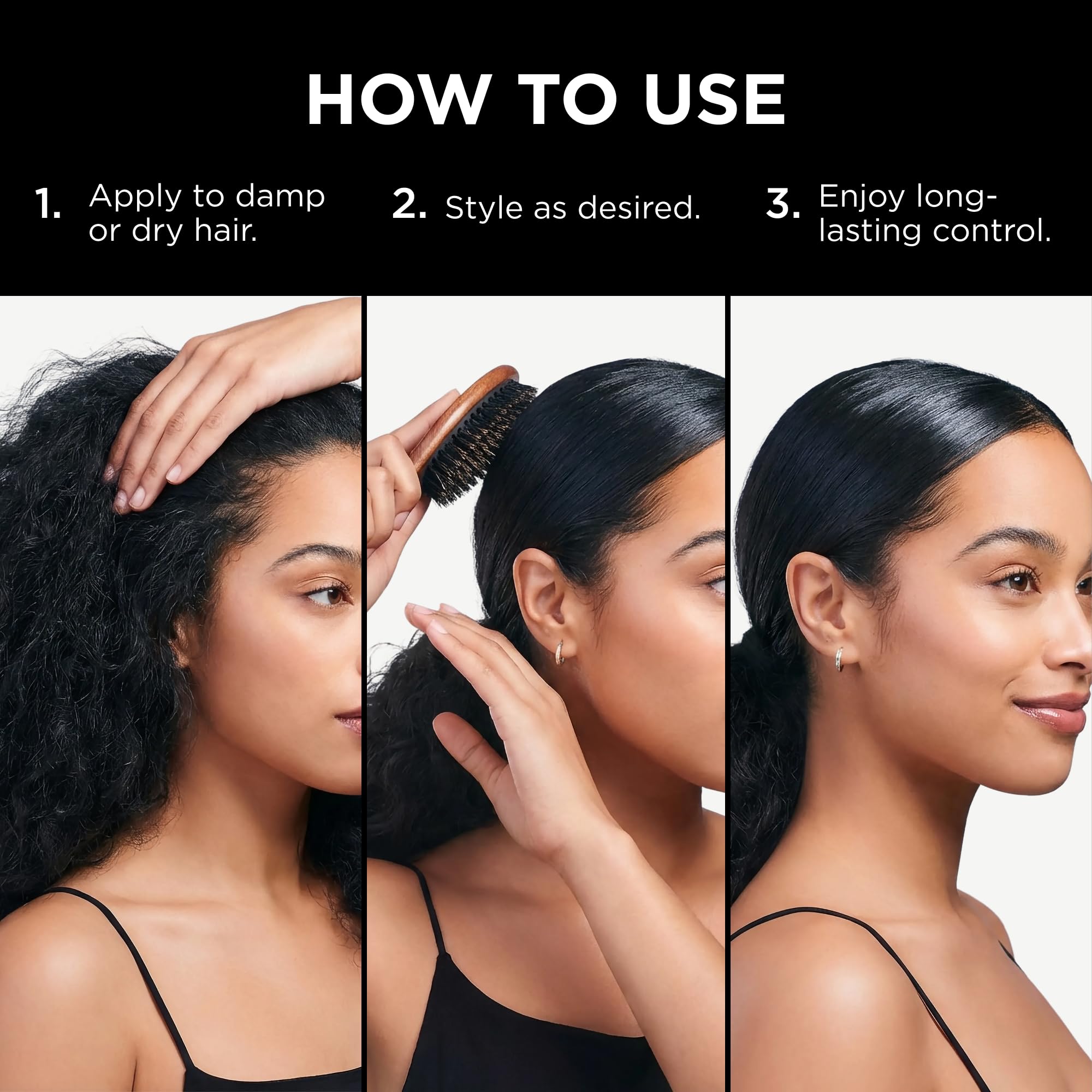 Style Factor EDGE BOOSTER sleek ponytail with long-lasting, non-sticky hold.