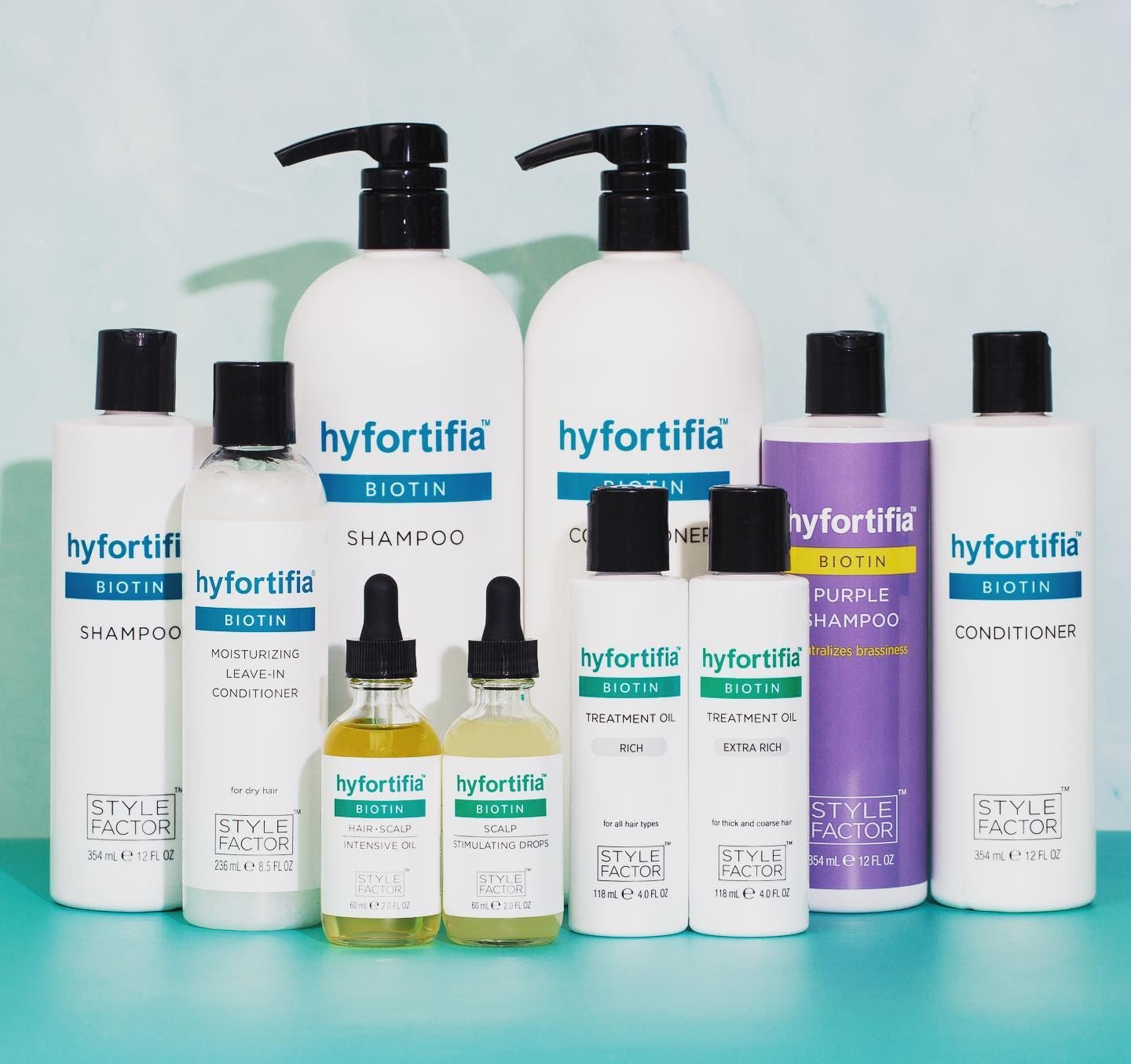 Style Factor Hyfortia Biotin Conditioner bottle illustrating smoothing, frizz-control benefits.