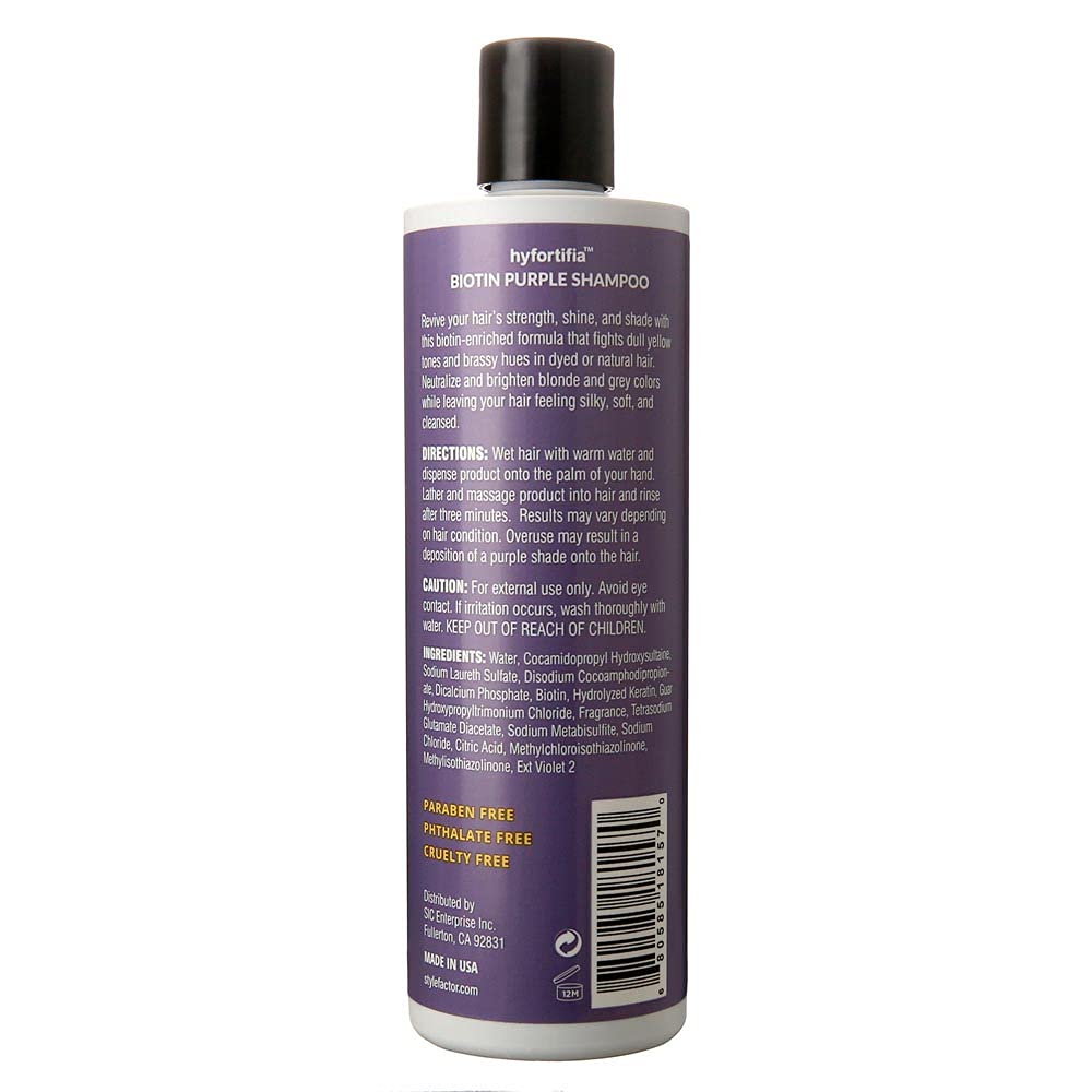 Style Factor Hyfortia Biotin Purple Shampoo bottle highlighting color-brightening, anti-brass effects.