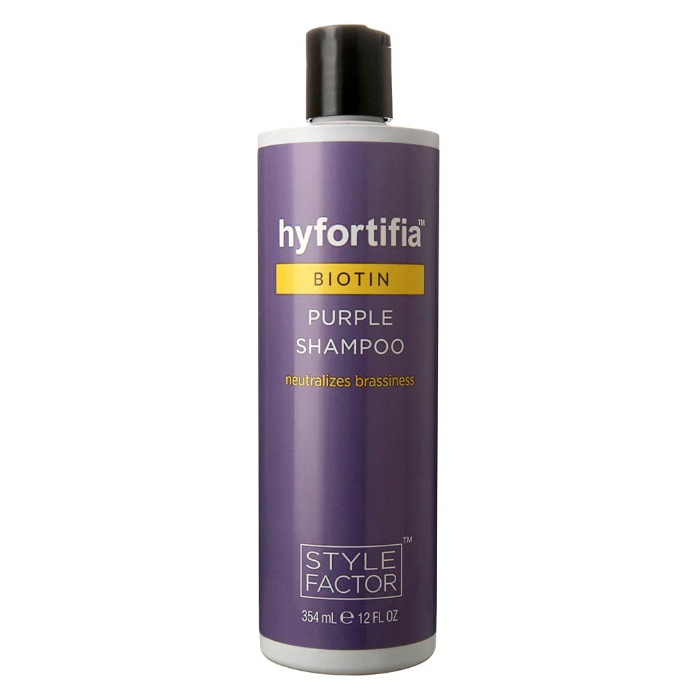 Style Factor Hyfortia Biotin Shampoo bottle showing nourishing formula for stronger, shinier hair.