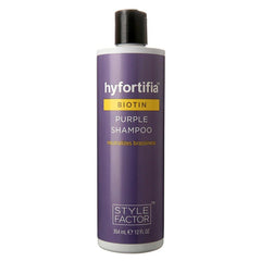 Style Factor Hyfortia Biotin Shampoo bottle showing nourishing formula for stronger, shinier hair.