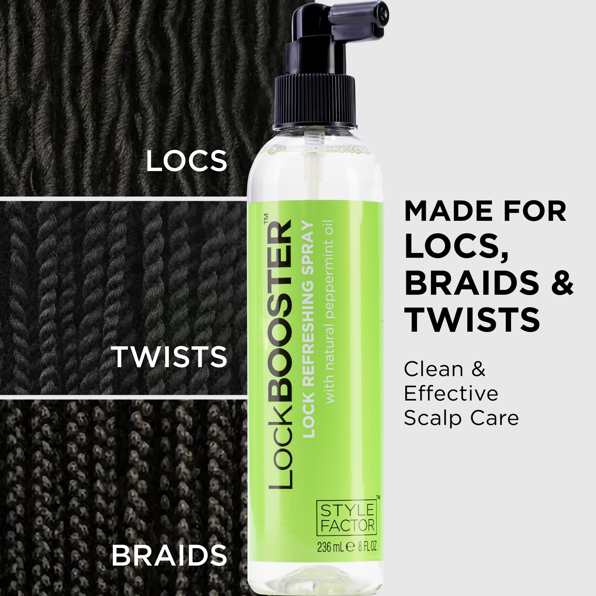 Style Factor LockBOOSTER oil-blend close-up emphasizes coconut, jojoba, hemp and avocado