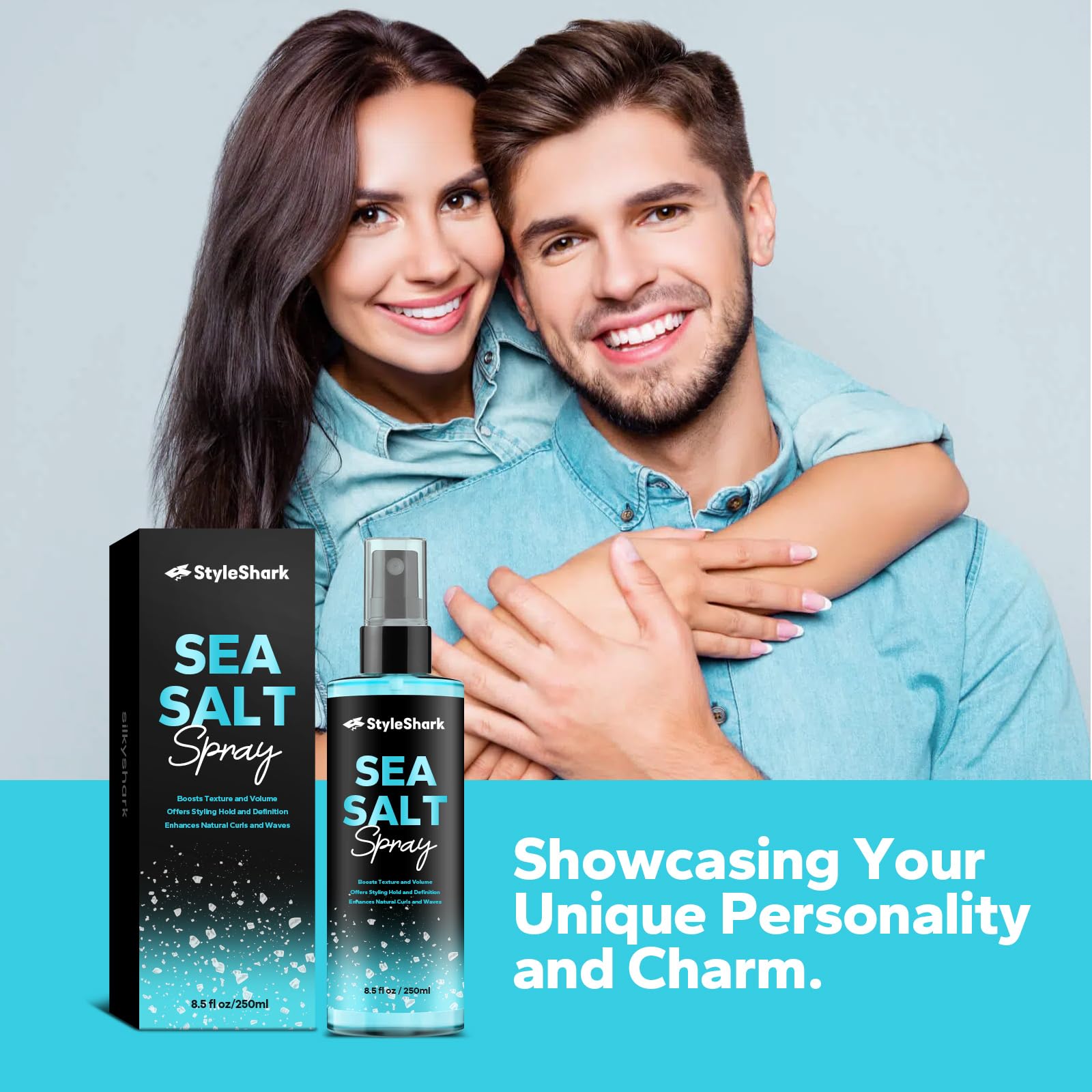 StyleShark Sea Salt Spray close-up shows lightweight hold and low shine.