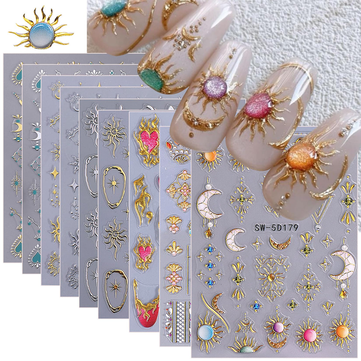 STZPRONAIL sun nail stickers embossed 5D add luminous detail to natural nails for a quick, stylish DIY manicure.