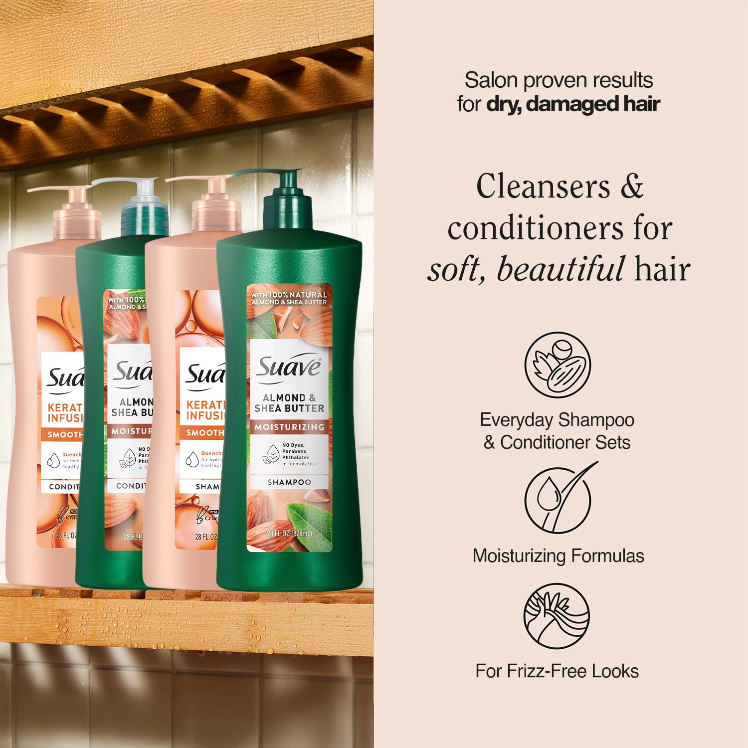 Suave Almond & Shea Butter conditioner bottle pump detangles and nourishes hair.