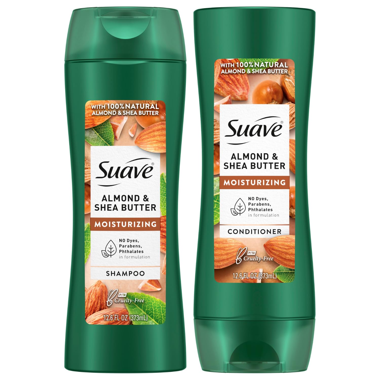 Suave Almond and Shea Butter shampoo bottle promotes deep moisturization for dry hair