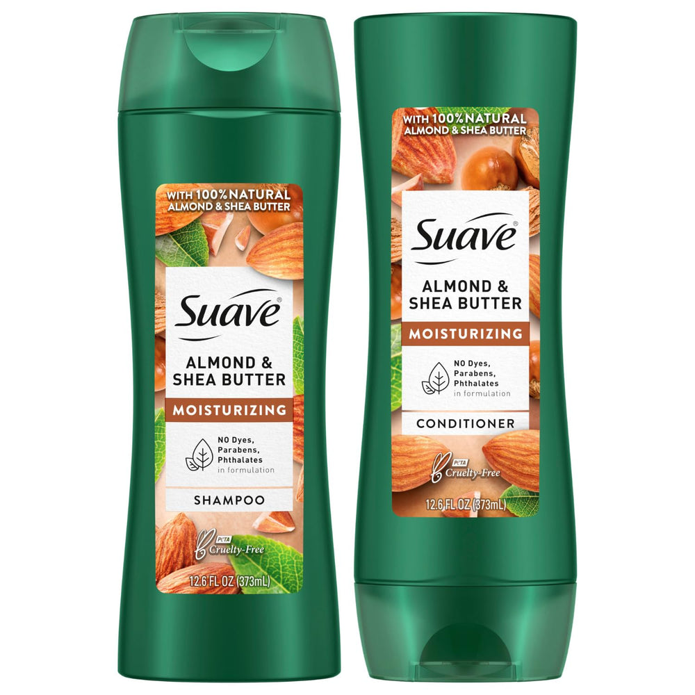 Suave Almond and Shea Butter shampoo bottle promotes deep moisturization for dry hair